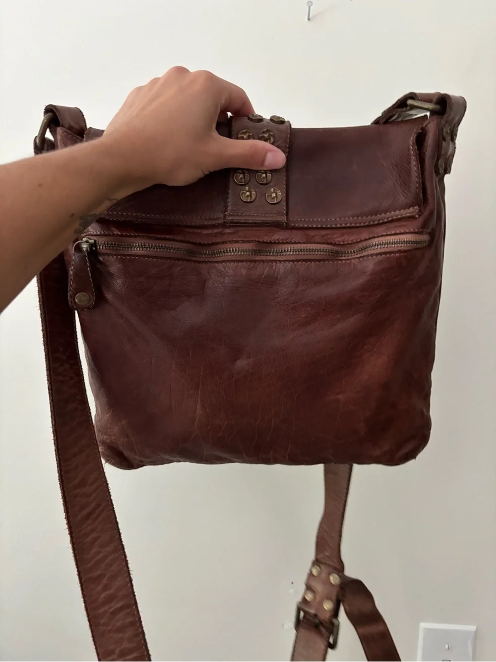 Leather Brown Crossbody Bag with Stud Detail